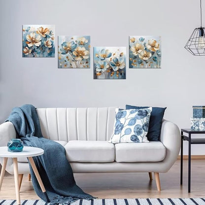 Pankila White Flower Wall Art Floral Pictures Blue and White Canvas Flowers Wall Decor Life Poster for Living Room Bedroom Bathroom Home Decorations Framed Artwork Ready to Hang (20''W x 20''H x 4)