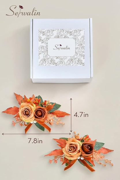 Serwalin Set of 2 Boutonniere for Men, 6-7 Inch Corsage Groom and Best Man Boutonnieres for Wedding Prom Ceremony Anniversary Party Cake Topper (Orange)
