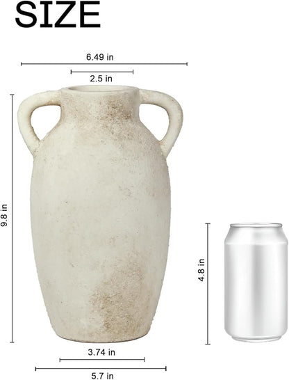 Ceramic Flower Vase Home Decor – 9.8 Inch Pottery Rustic Farmhouse Decorative Vase with Handles for Table Centerpiece, Shelf & Mantel, Beige