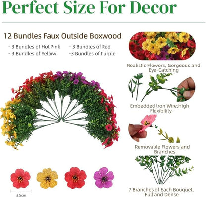 12 Bundles Artificial Flowers for Outdoor, UV Resistant Faux Mums with Eucalyptus Leaves Fake Plants for Outdoor Planters Greenery Boxwood Porch Patio Decoration