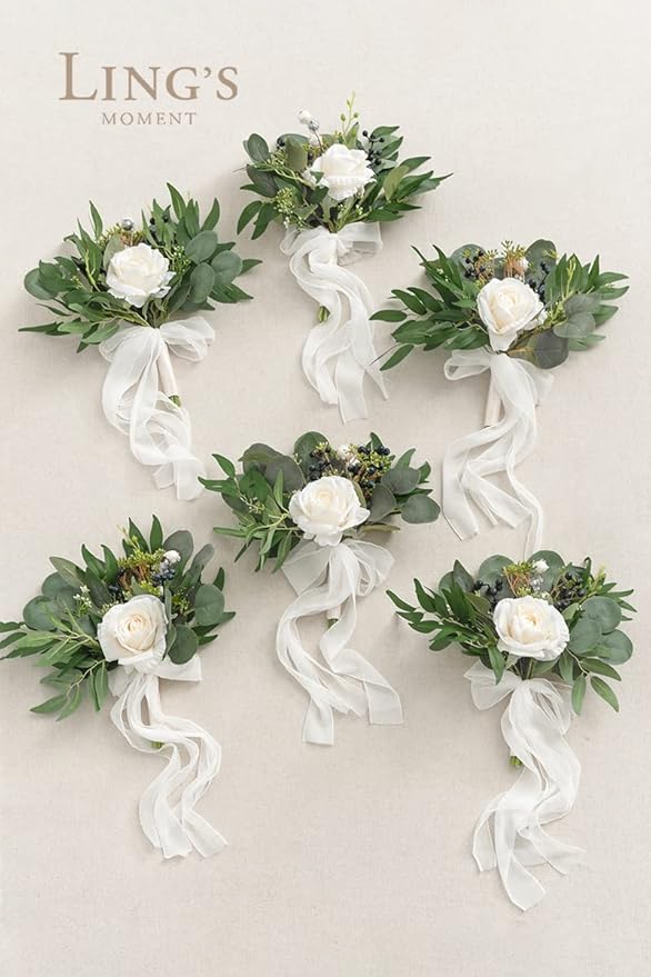 Ling's Moment Artificial Flowers White Bridesmaid Bouquet Set of 6, White and Sage Wedding Flowers Bouquets for Bridesmaids, 7 Inch Bridal Bouquets for Bridesmaids, Wedding, Ceremony, Anniversary, etc