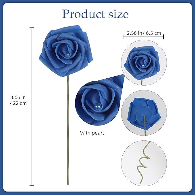 50PCS Foam Roses with Pearls 2.56in Royal Blue Roses Artificial Flowers Bulk Foam Flowers with Stem for Wedding, Bridal Shower, Cake, Graduation and Home Decor(Royal Blue)