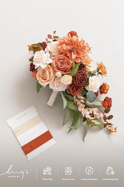 Ling's moment Terracotta Bridal Bouquet Cascading, Burnt Orange Wedding Bouquets for Bride, 13 Inch Bride Bouquets for Wedding Artificial Flowers Bouquets