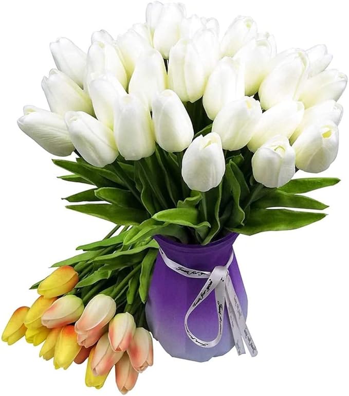 Artificial Tulips Flowers Real Touch Tulips Holland PU Bouquet Latex Flower White for Wedding Party Office Home Kitchen Decoration 30pcs (White)