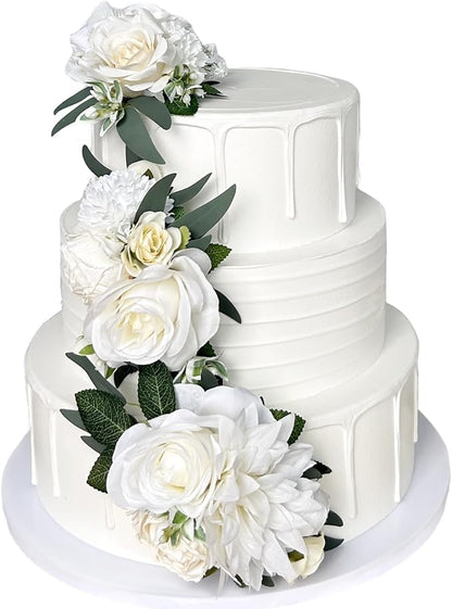 3PCS Ivory White Silk Flowers for Cakes Decorations Artificial Rose Peony Butterfly Wedding Cake Toppers Decorating Fake Floral Anniversary Birthday Party Arrangements Table Centerpieces Pre-Made