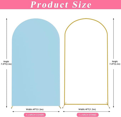 Putros 7.2ft Metal Arch Stand with Cover Dusty Blue Spandex Fitted Wedding Arch Cover and Round Top Chiara Backdrop Stand Set for Birthday Party Baby Shower Decoration
