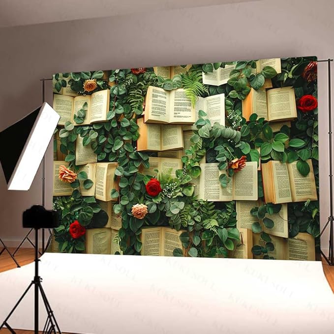 7x5FT Books Theme Photo Backdrop Books Red and Pink Rose Flowers Wall Floral Bridal Shower Backdrops Kids Birthday Girls Wedding Party Decoration Supplies Photo Booth Props KUBDJ976
