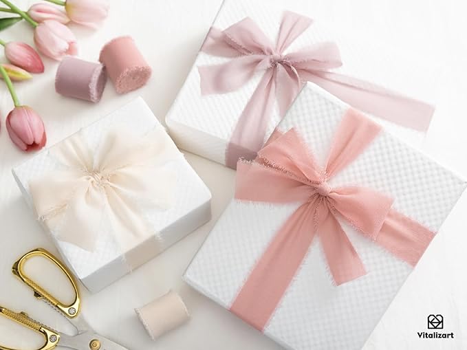 Vitalizart 9 Rolls 1.5" Pink & Nude Chiffon Silk Ribbon Handmade Fringe Total 27 Yd Frayed Edges Ribbons for Wedding Invitations Bridal Bouquets Gifts Wrapping Crafts Holiday Decor