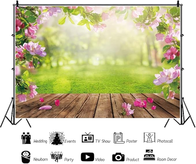 Renaiss 9x6ft Spring Nature Scenery Pink Flower Blossom Green Leaves Wood Floor Park Floral Meadow Photography Background for Wedding Baby Shower Birthday Party Decor Photo Studio Props