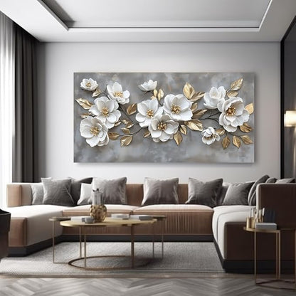 LAVIKARS Modern Gray Flowers Wall Art for Living Room Office White and Golden Floral Landscape Canvas Painting Prints Large Delicate Petals Artwork Kitchen Home Bedroom Decor (28x58 Inches)