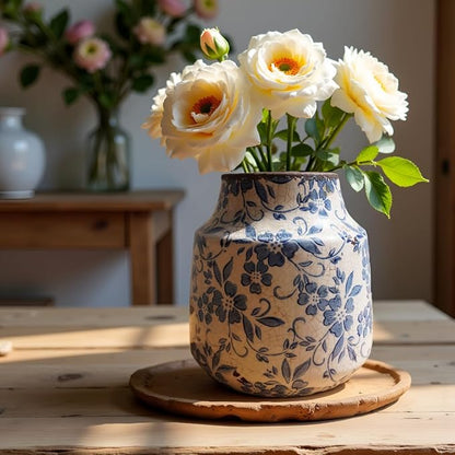 Blue and White Ceramic Vase, Vintage Floral Pottery Vase with Crackle Glaze, Rustic Terracotta Decorative Vase for Fresh Flowers, Greenery & Modern Farmhouse Home Décor
