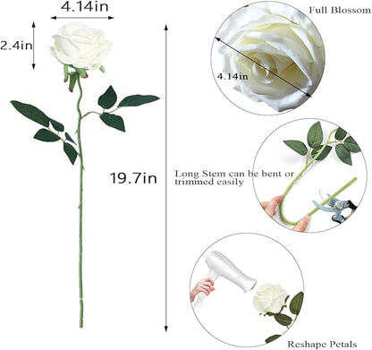 Artificial Roses 50PCS Large Velvet Rose 4.14" Real Touch Fake Flowers in Bulk for Flower Arrangement Wedding Centerpieces Home Party Decor (White)