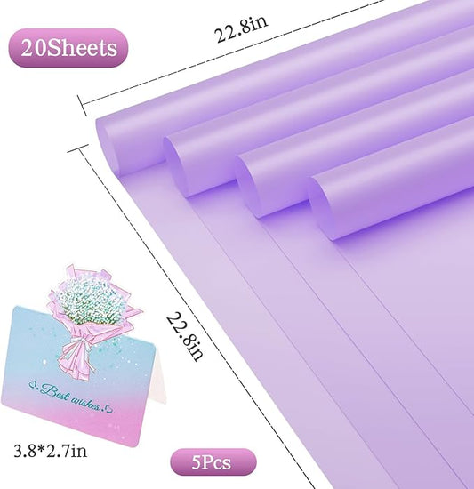 REAXYZNN 20 Sheets Flower Wrapping Paper, Waterproof Floral Bouquet Wrapping Paper with Cards for DIY Craft, Florist Packaging Supplies for Birthday, Wedding, Mother's Day Gift (Light purple)