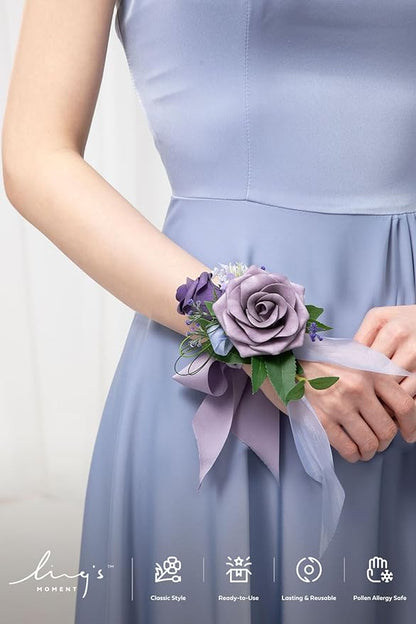 Ling's moment 6pcs Homecoming Wedding Wrist Corsage Artificial Flowers, Girl/Mother Prom Corsages Wristlet Décor, etc. Purple