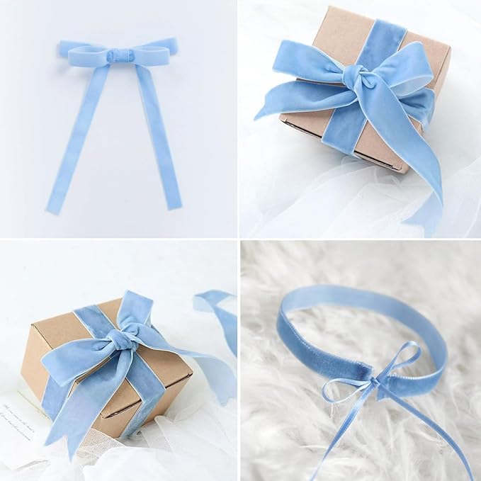 Light Blue Velvet Ribbon - 3/8 Inch x 10 Yards for Gift Wrapping, Crafts, Christmas Decor, Bow Making, Vintage Fabric
