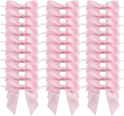 7Rainbows 30pcs Boutique 2.5" Pink Satin Ribbon Twist Tie Bows for Tying Up Packages Gift Wrapping