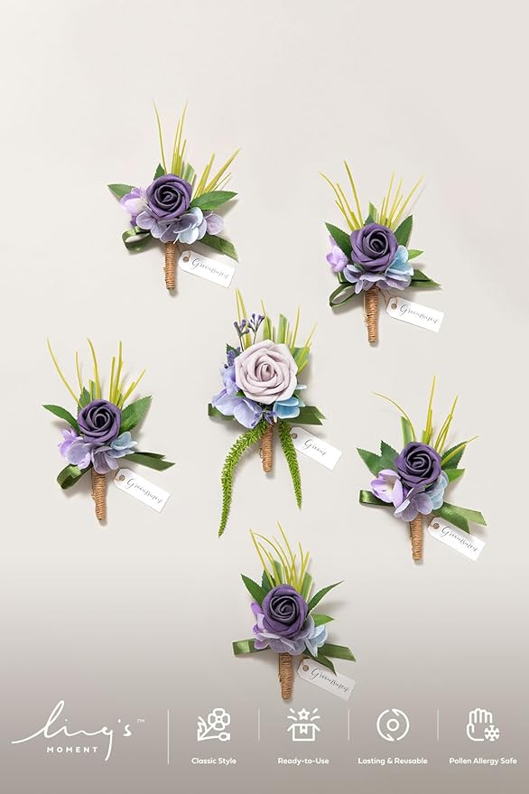 Ling's moment Boutonniere for Men, 6pcs Groom Groomsmen Boutonniere, Artificial Flowers for Wedding Decor/Prom/Homecoming, etc.Purple