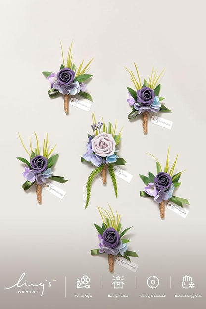 Ling's moment Boutonniere for Men, 6pcs Groom Groomsmen Boutonniere, Artificial Flowers for Wedding Decor/Prom/Homecoming, etc.Purple