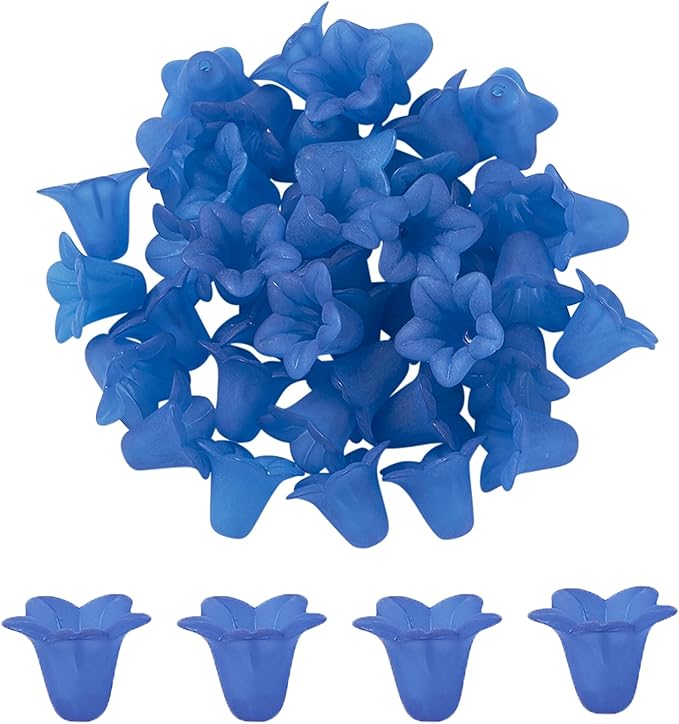 Crafans 50Pcs Blue Acrylic Flower Beads Frosted Floral Bead Caps Trumpet Flower Jewelry End Caps Loose Tulip Bell Spacer Bead Stopper for Crafts DIY Jewelry Making Supplies