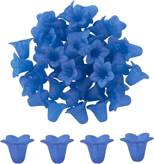 Crafans 50Pcs Blue Acrylic Flower Beads Frosted Floral Bead Caps Trumpet Flower Jewelry End Caps Loose Tulip Bell Spacer Bead Stopper for Crafts DIY Jewelry Making Supplies