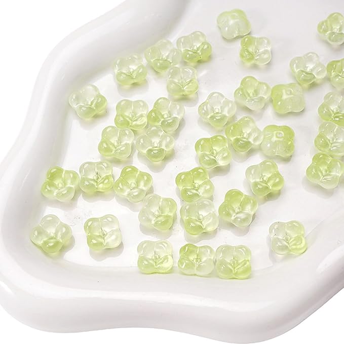 100PCS Glass Flower Beads for Jewelry Making 4 Petal Flower Bead Caps Gradient Cute Floral Beads Aesthetic Charms for Necklace Bracelets Earrings DIY Craft Home Decoration-Green