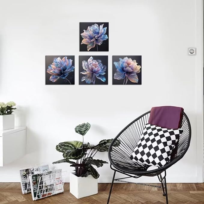 Pankila Blue Flower Wall Art for Living Room Bedroom Bathroom Floral Poster Abstract Canvas Flowers Wall Decor Life Pictures Home Decorations Framed Artwork Ready to Hang (24''W x 24''H x 4)