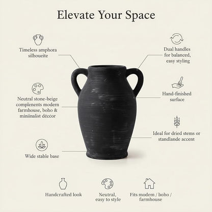 8.1-Inch Black Ceramic Flower Vase with Handles, Rustic Farmhouse Boho Pottery Centerpiece for Table, Living Room & Shelf