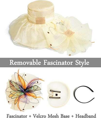 Organza Derby Hats for Women Wide Brim Fascinator Hat Rose Flower Wedding Tea Party Hat