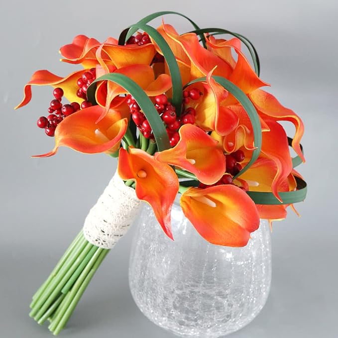 S_SSOY Wedding Bouquet Bride,Bride Bridal Bouquet Bridesmaid Artificial Flowers for Ceremony Anniversary Party Bridal Shower Decoration Wedding Bouquets (Orange Calla Lily)