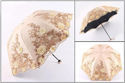 Katutude Vintage Lace Umbrella Floral Lace Parasol Wedding Bridal Umbrella Compact Lightweight Windproof Folding Umbrella UV Protection Sun Umbrella Portable Umbrella with Storage Bag