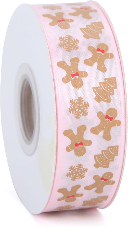 Gingerbread with Candy Canvas Ribbon 7/8 Inch 20 Yards Pink White Merry Christmas Candy Cane Fabric Craft Ribbon Wrapping Wreath Bow DIY Crafts Supplies (Pink Gingerbread)