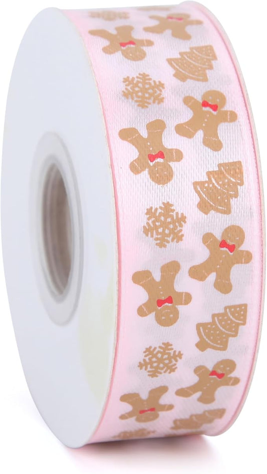 Gingerbread with Candy Canvas Ribbon 7/8 Inch 20 Yards Pink White Merry Christmas Candy Cane Fabric Craft Ribbon Wrapping Wreath Bow DIY Crafts Supplies (Pink Gingerbread)