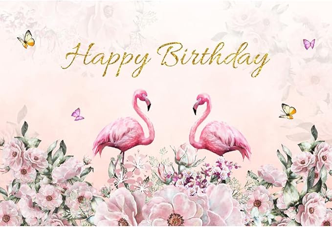 Renaiss 6x4ft Happy Birthday Backdrop Pink Flamingo Theme Birthday Party Photography Background for Girls Daughter Flower Butterfly Cake Table Banner Decor Studio Portrait Pink Photo Props