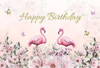 Renaiss 8x6ft Happy Birthday Backdrop Pink Flamingo Theme Birthday Party Photography Background for Girls Daughter Flower Butterfly Cake Table Banner Decor Studio Portrait Pink Photo Props
