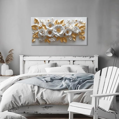 IDAFU Flower Wall Art White Foral and Golden Leaves Wall-décor White Wall Art Floral Painting Pictures for Living Room Bathroom Bedroom Kitchen Office Cuadros Decorativos Para Sala Decor 40L x 20W