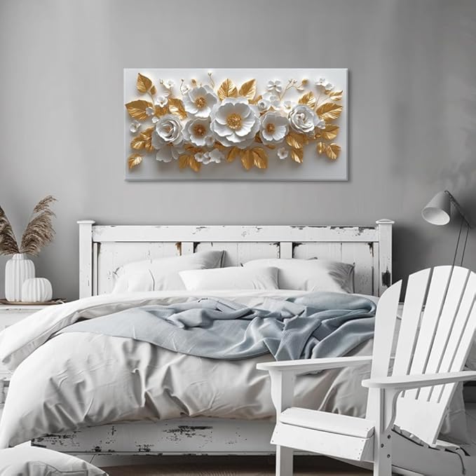 IDAFU Flower Wall Art White Foral and Golden Leaves Wall-décor White Wall Art Floral Painting Pictures for Living Room Bathroom Bedroom Kitchen Office Cuadros Decorativos Para Sala Decor 58L x28W
