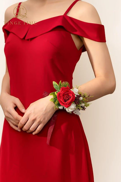 TINGE TIME Red Corsage and Boutonniere Set, Prom Flower Wrist Corsage Bracelets, Boutonniere for Men Wedding Flowers Accessories Prom Suit Decorations