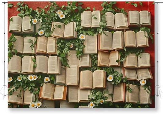 7x5ft Floral Book Backdrop Vintage Bookshelf Backdrop Books Flowers Wall Photography Background Girls Party Decorations Kids Newborn Birthday Baby Shower Photo Studio Props KUBYW006
