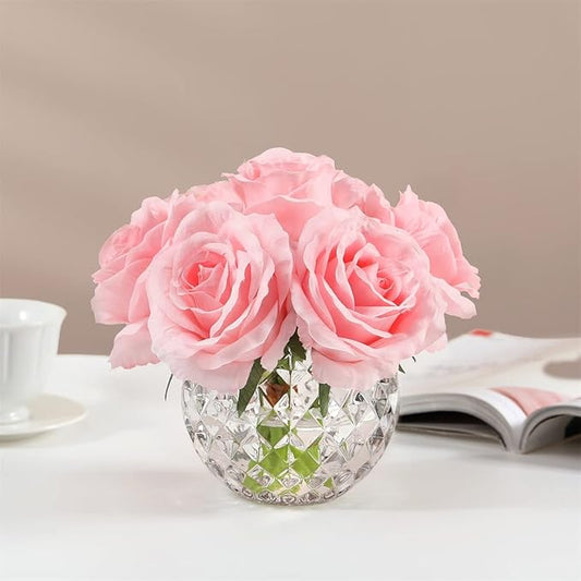7 Large Stem Rose Artificial Flowers in Vase, Silk Flowers Arrangement in Round Glass Vase Without Water for Home Decor, Wedding Table (Pink)
