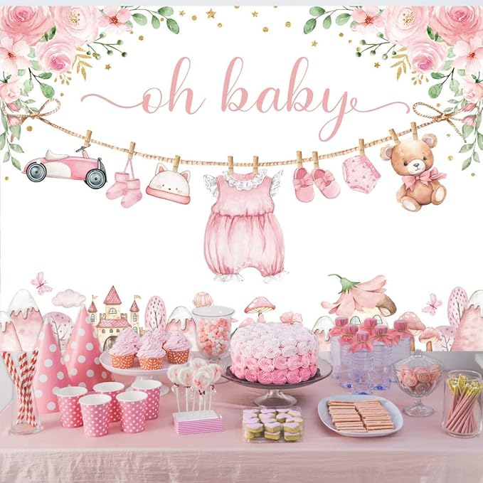 Sensfun Cute Clothes Baby Shower Backdrop Oh Baby Girl Pink Floral Adventure Photography Background It's A Girl Baby Shower Party Decorations Banner Supplies Photo Booth Props 7x5ft