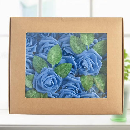 homEdge Artificial Rose, 25pcs Foam Artificial Flowers with Stem for Home Decorations, Wedding Bouquets, Party, Certerpieces, Anniversaries-Royal Blue