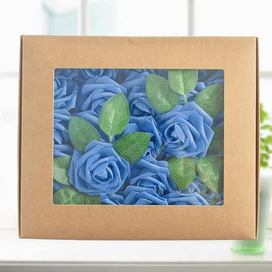 homEdge Artificial Rose, 25pcs Foam Artificial Flowers with Stem for Home Decorations, Wedding Bouquets, Party, Certerpieces, Anniversaries-Royal Blue