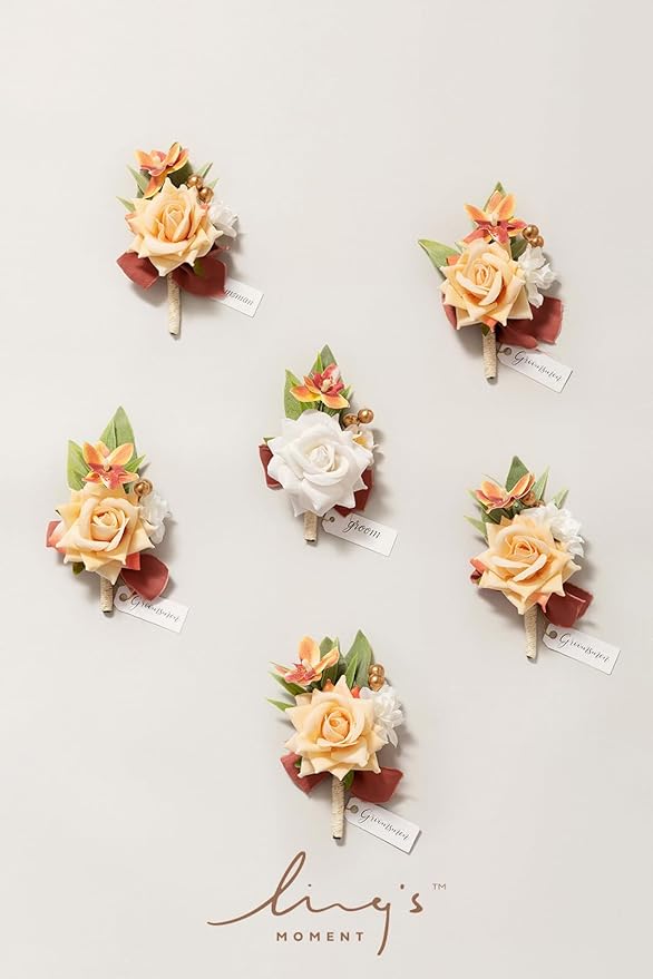 Ling's moment Boutonniere for Men, 6pcs Groom Groomsmen Boutonniere, Artificial Flowers for Wedding Decor/Prom/Homecoming, etc.Terracotta White