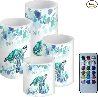 Flameless LED Candles Electric Candle Set with Remote Timer Color Changing Control Long Lasting for Table Centerpiece Home Indoor Decoration Pack of 4, Blue Sea Turtle