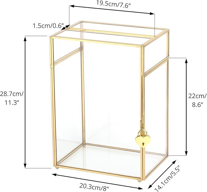 NCYP Small Glass Cards Box with Slot and Lock for Wedding, 8" x 5.5" x 11.3" - Home Birthdays Party Tabletop Decor, Gold, Clear Envelopes Terrarium (Card Box Only)