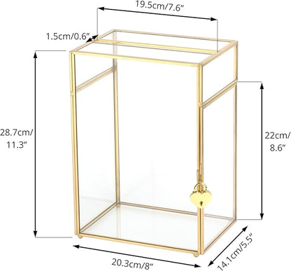 NCYP Small Glass Cards Box with Slot and Lock for Wedding, 8" x 5.5" x 11.3" - Home Birthdays Party Tabletop Decor, Gold, Clear Envelopes Terrarium (Card Box Only)