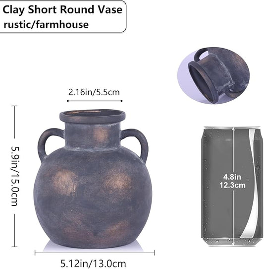 5.9in Rustic Ceramic Farmhouse Flower Small Vase, Black Terracotta Pottery Decorative Vases Distressed, Round Vases with Handles for Home Wabi Sabi Coffee Table Entryway Decor or Kitchen Utensils