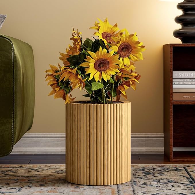 13.8" Tall Solid Wood Floor Vase for Living Room Decor – Handcrafted Rustic Wooden Vase with Natural Wood Strips, Farmhouse Boho Home Decor for Bedroom, Office, Dining Table Centerpiece
