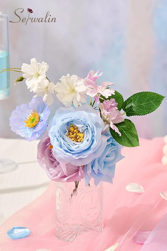 Serwalin Artificial Blue & Purple Flowers, Silk Fake Flowers for DIY Wedding Bouquets Cake Flowers, Table Centerpieces Baby Shower Birthday Party Home Decorations