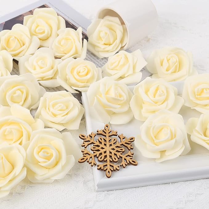 IPOPU Artificial Rose Flower Heads, 100 Pcs Real Looking Creamy Yellow Foam Fake Roses for DIY Wedding Baby Shower Centerpieces Arrangements Party Tables Home Decorations (Cream Yellow, Stemless)